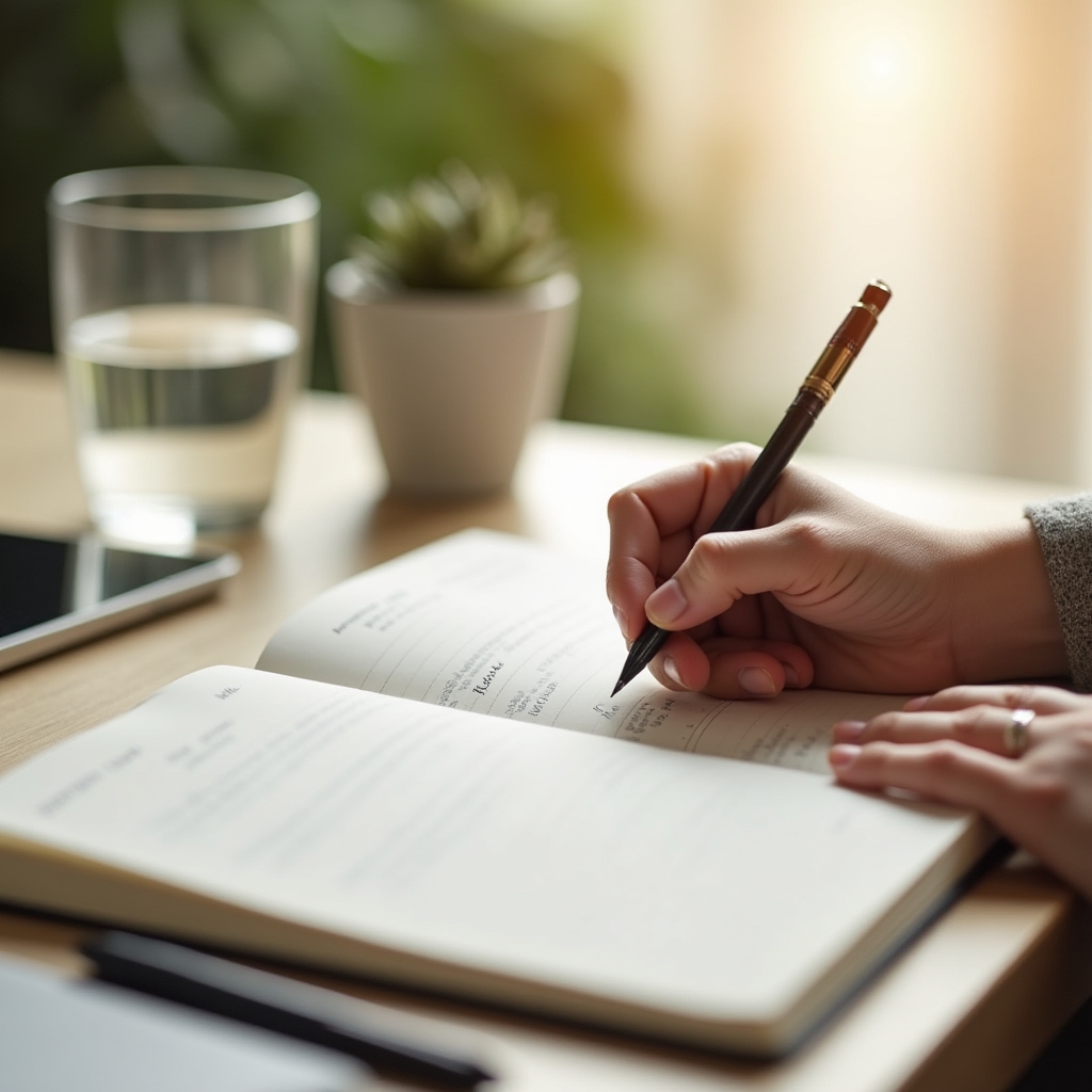 Person writing in a wellness habit journal at a clean desk with morning light, planning daily routine