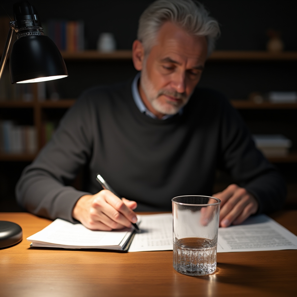 Active adult reviewing hydration education materials at a desk with a glass of water and notebook