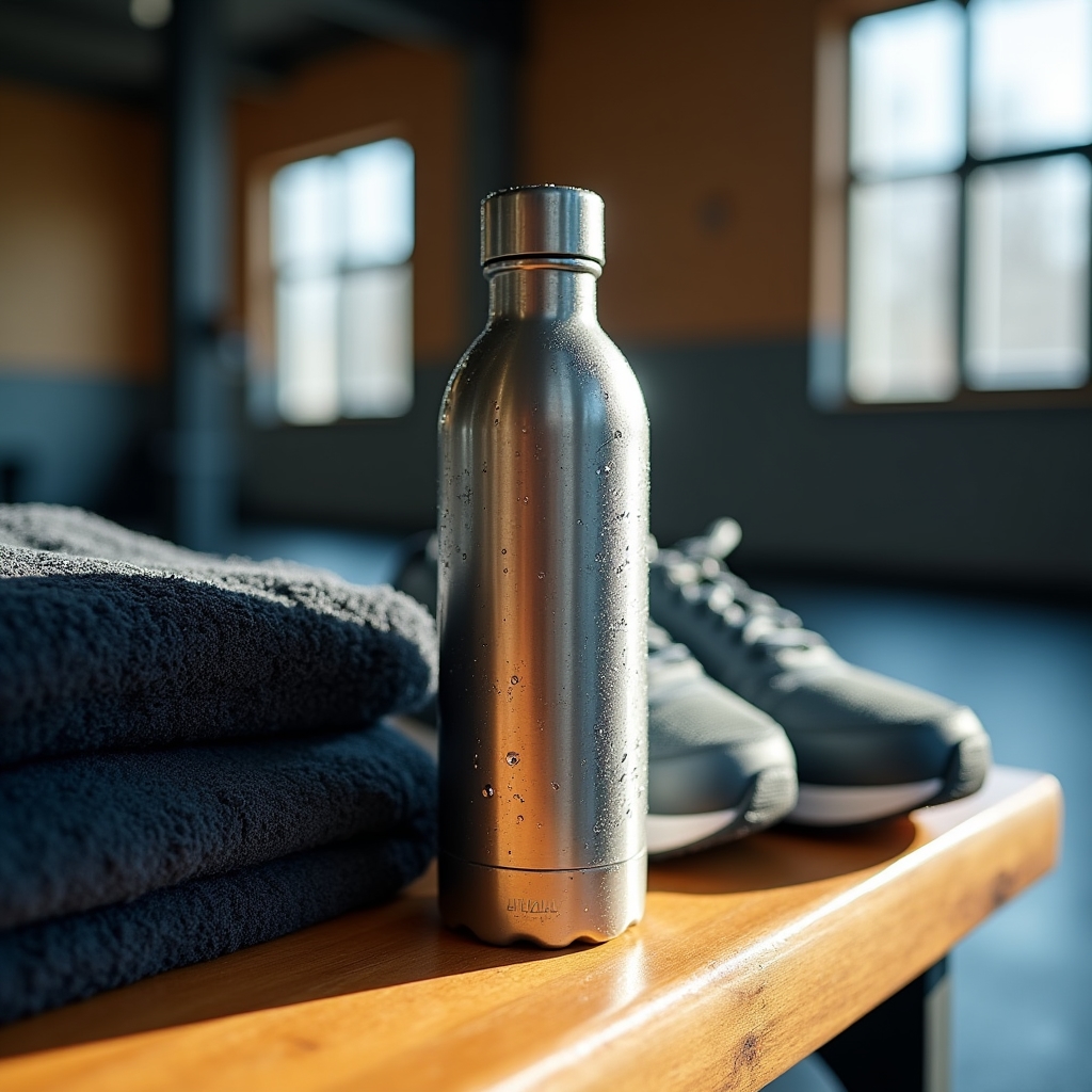 Close-up of water bottle and workout gear on a gym bench, representing hydration during exercise